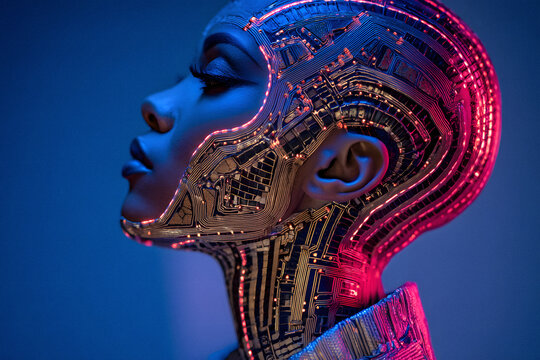 Bionic woman with glowing red circuits