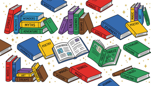 Fantasy book piles and open novels with genres like magic myths legends and fables literature vector illustration background