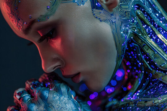 Female android face with purple lights