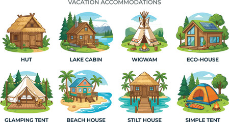  Vector Set of Vacation Accommodations Badges Featuring Hut Lake Cabin Wigwam Eco House Glamping Beach Bungalow and Camping Tent for Travel Graphic Design.eps © Sohel