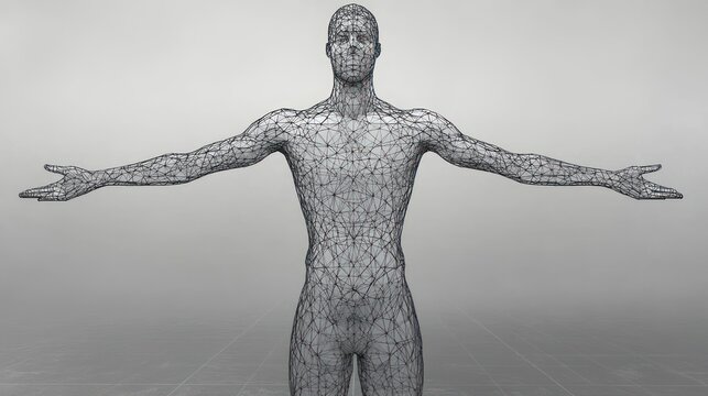 wireframe human figure with arms outstretched in neutral gray space, geometric mesh of interconnected nodes and lines, clinical futuristic mood