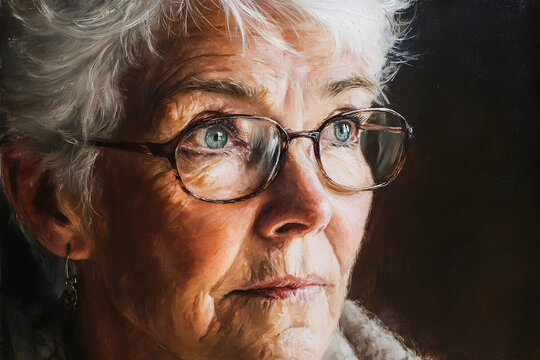 Realistic painting of an elderly woman looking upwards
