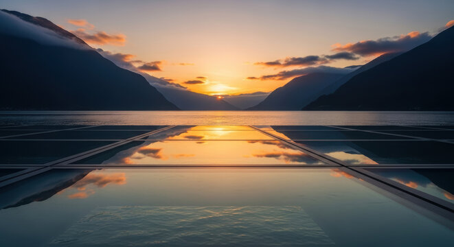 Beautiful sunset over calm lake water with mountains in the distance