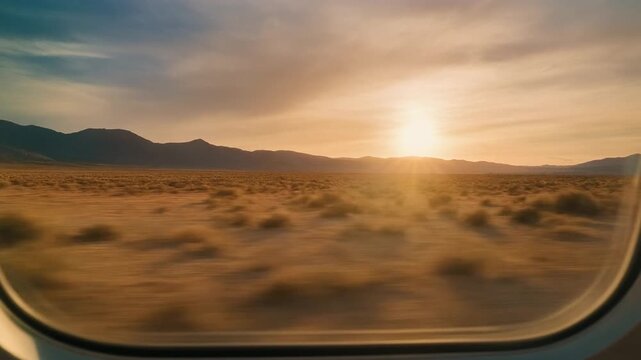 Cinematic View From Speeding Train Window Overlooking Vast Arid Desert Landscape at Sunset, Warm Golden Hour Light