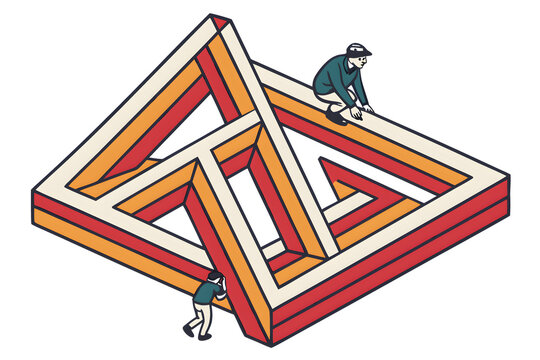 Two people working on impossible geometry shape in isometric view.