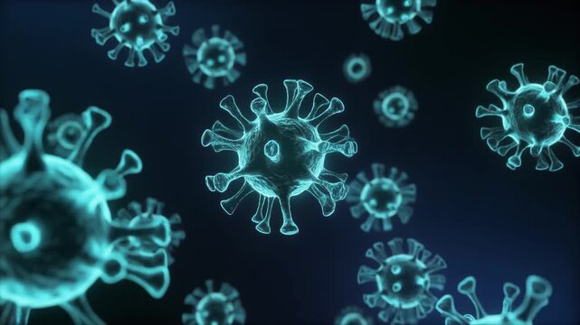 Abstract Biological Structures and Viral Cells Moving Slowly with Blue Bioluminescent Highlights, Microscopic Science Background