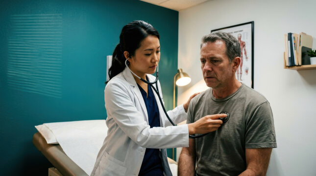 Doctor Examining Patient With Stethoscope In Medical Office