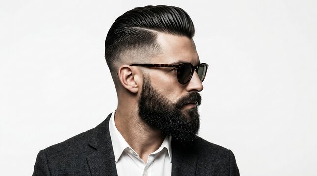 Stylish man with beard and pompadour hairstyle wearing sunglasses