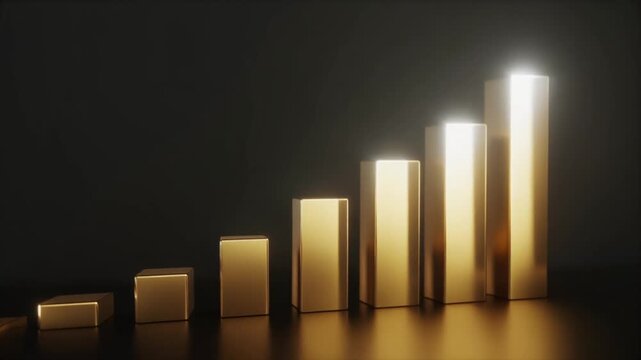 Minimalist Abstract 3D Gold Bar Graph Rising Steadily on Dark Background with Soft Light Reflections, Business Growth and Success Animation