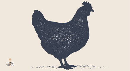 Hen, chicken. Isolated black silhouette hen, white background. Vintage logo, retro print, poster for Butchery meat shop, hen silhouette. Logo template for meat business, meat shop. Vector Illustration © foxysgraphic