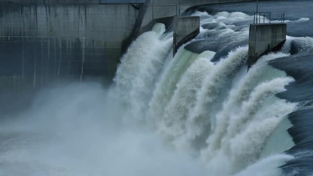 Powerful Dam Spillway Releasing Massive Amounts of Water After Heavy Rainfall, Hydroelectric Power Station Motion Background Full HD