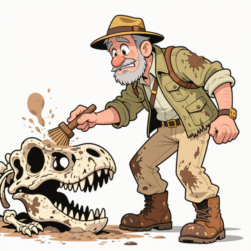 A determined middle-aged archaeologist brushes dust off a giant dinosaur bone on a clean white background, wearing a rumpled khaki safari outfit.