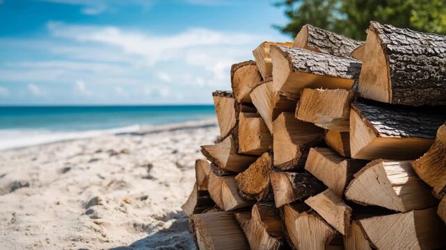 Stack of bonfire firewood resting on a sandy beach with a blurred ocean background during a sunny summer day, ready for a warm campfire gathering and beach party