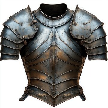 Ornate engraved metal breastplate with layered shoulder pauldrons, rivets and leather straps, aged patina and polished highlights, imposing regal medieval armor torso on white background