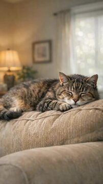 The tabby cat is peacefully asleep on the arm of the sofa, oblivious to its surroundings. The comfortable setting invites relaxation and tranquility.