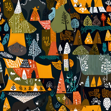 Naive scandinavian outdoor seamless pattern with abstract tents and campfires.
