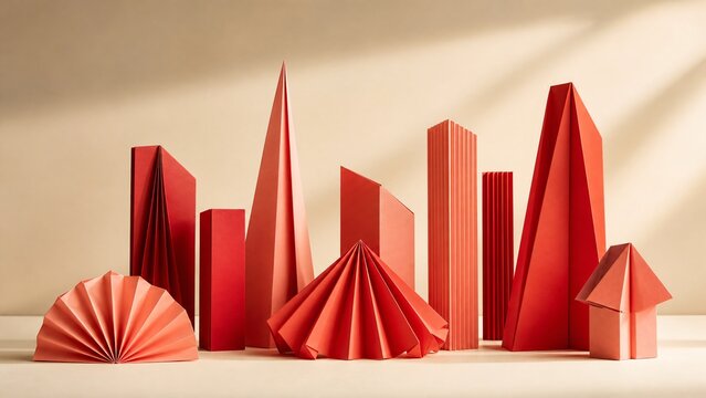 Red and Coral Origami Paper Forms Arranged as a Modern Architectural Skyline
