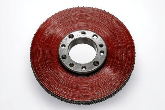 Red layered abrasive grinding disc with metal flanged center and bolt holes, textured ridged surface on white background conveying sturdy industrial precision