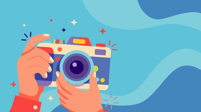 Close-up footage of hands holding a retro camera against a modern blue abstract background with copy space. Ideal for photography, travel