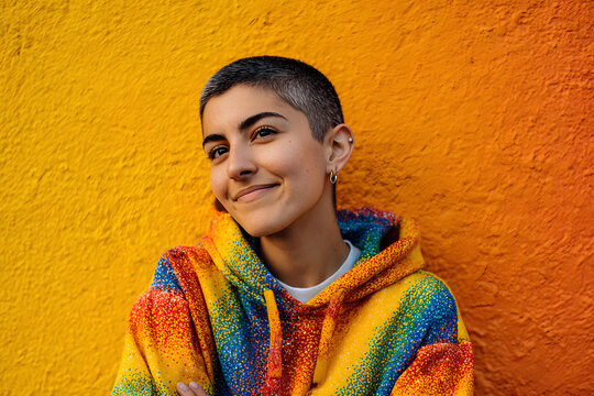 Smiling young person in a colorful sweatshirt