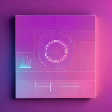 Futuristic data visualization interface with circular graph and bar chart on a vibrant purple background, technology and analytics