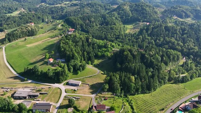 From above, small family-run winemaking farmsteads dot Styrian countryside, surrounded by blooming vineyards, rustic barns and stone walls glow in amber tones, essence of traditional viticulture