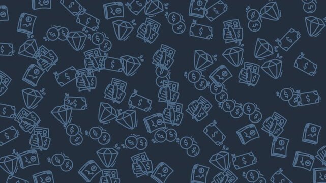Blue background with scattered linear illustrations of dollar bills, diamonds, and gold coins. Ideal for finance, business, luxury, and moneythemed designs.