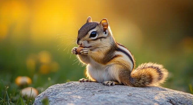 Adorable chipmunk perched on a rock nibbling a nut amid grass and small yellow flowers in warm golden light, peaceful and content