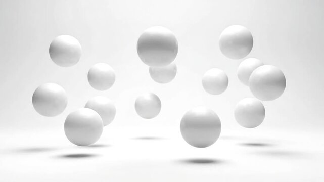Several matte white spheres floating slowly inside bright studio environment, minimal spacing, soft ambient shadows, slow orbit movement, wide camera perspective, elegant product showcase background