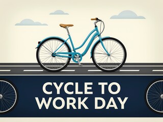 Fototapeta premium Graphic illustration promoting cycle to work day with a blue bicycle on a road against a neutral background