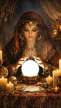 Elegant fortune teller gazing into crystal ball, holding a skull and surrounded by candles, evoking mystical ambiance.