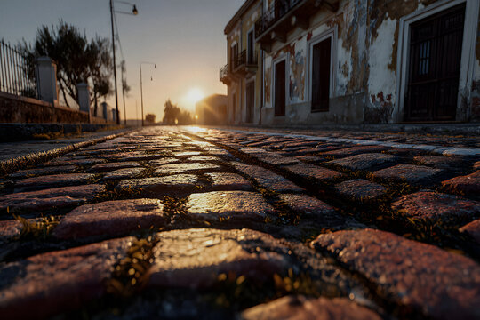Deserted street with old, dilapidated mansions