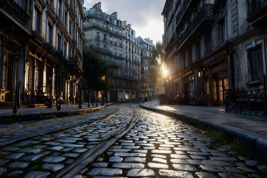 Deserted street with old, dilapidated mansions