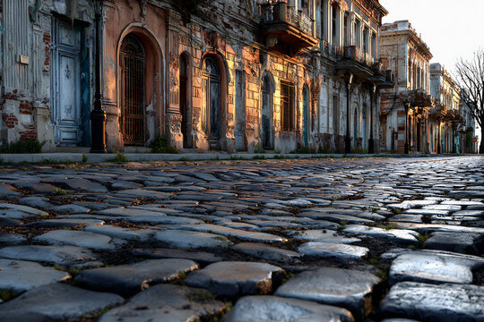 Deserted street with old, dilapidated mansions