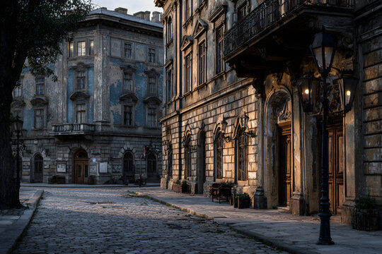 Deserted street with old, dilapidated mansions