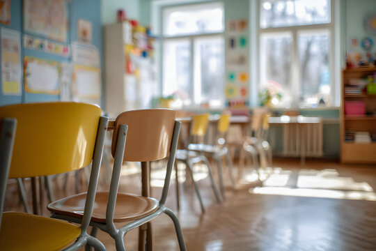 Sunlit empty classroom