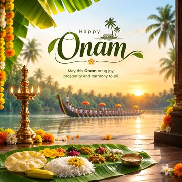 Happy onam greeting card featuring traditional boat race and flower arrangement festival pookalam celebration tradition greeting background