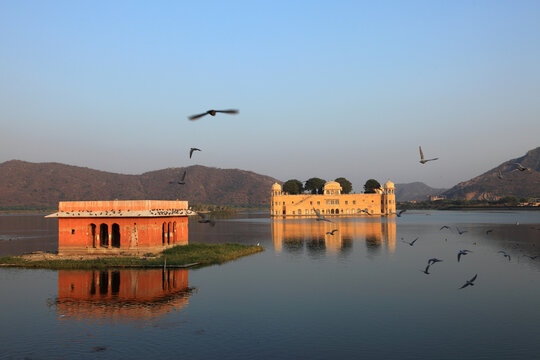 Jal Mahal reflected in the tranquil waters of Man Sagar Lake during golden hour in Jaipur, Rajasthan, India