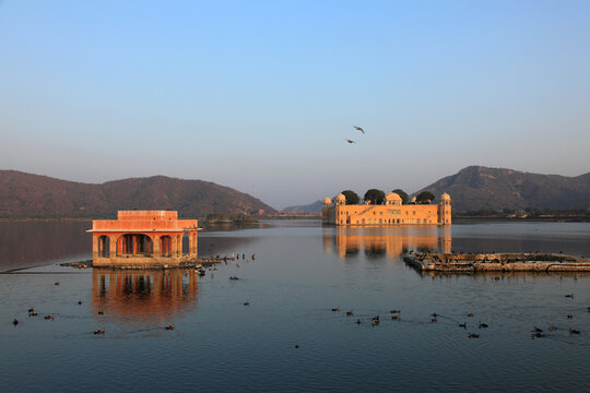 Jal Mahal reflected in the tranquil waters of Man Sagar Lake during golden hour in Jaipur, Rajasthan, India