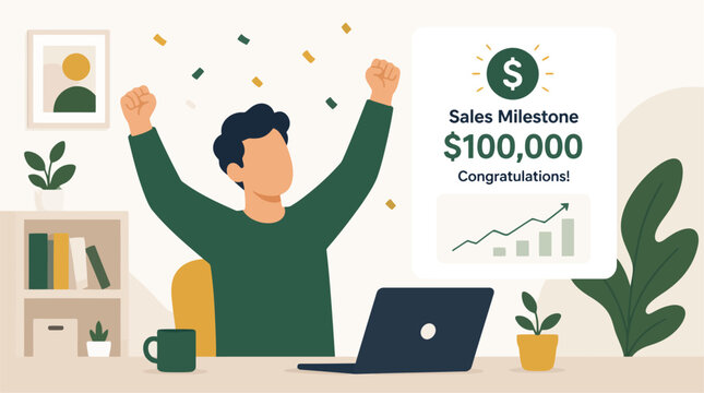 Man celebrates reaching sales milestone of 100000 dollars.