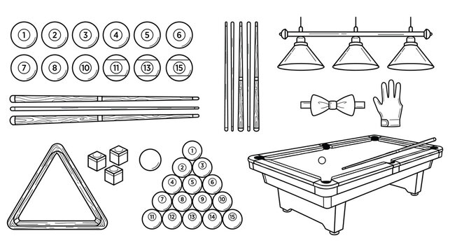 Billiard game equipment set with pool table balls cues triangle rack and light fixtures.