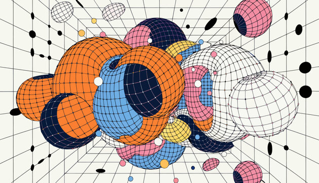 Abstract wireframe spheres and shapes in a grid perspective