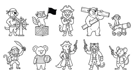 Cute cartoon pirate animals set including dog raccoon lion bear meerkat monkey koala. © KALPANA AKTER