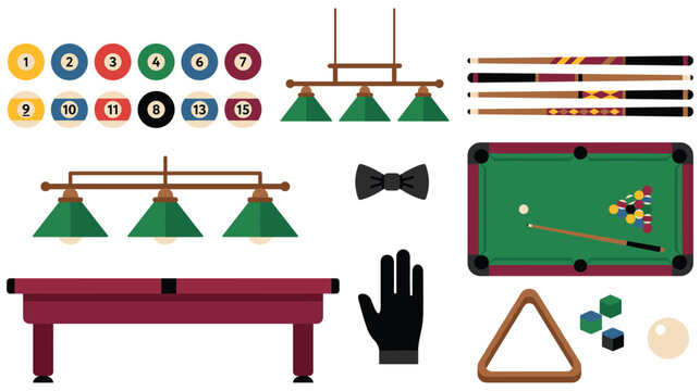 Billiards equipment set with pool table numbered balls cues lamps and triangular rack art.