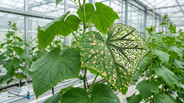 Cucumber leaves exhibit signs of bacterial spot disease within a climate controlled glasshouse environment where agricultural technicians monitor crop health and plant pathology development.