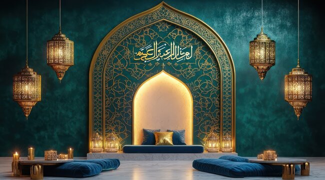 ornate golden arch prayer niche with arabic calligraphy, hanging brass lanterns, floor cushions, low tables and candles in a serene warm lit interior for peaceful reflection