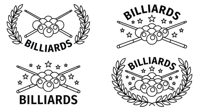Four different billiard club emblem templates with cues and pool balls for sport identity.