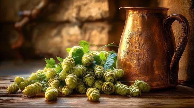 Fresh green hop cones and leaves beside a tarnished copper pitcher on a rustic wooden table bathed in warm golden light, cozy nostalgic mood