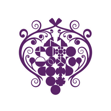 Stylized Purple Geometric Grapes Logo Icon with Ornate Scrollwork Border for Winery Branding and Wine Label Design