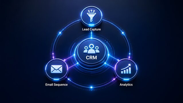 CRM system connecting lead capture, email sequences, and analytics for effective customer relationship management and business growth.
